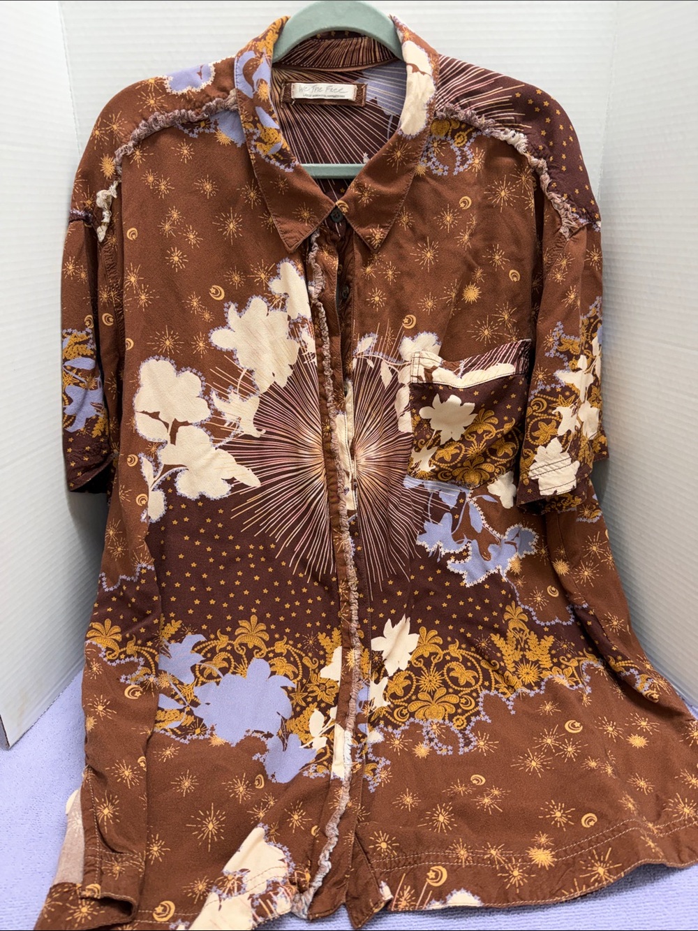 We The Free Brown Floral Button-Up Shirt with Lavender Accents